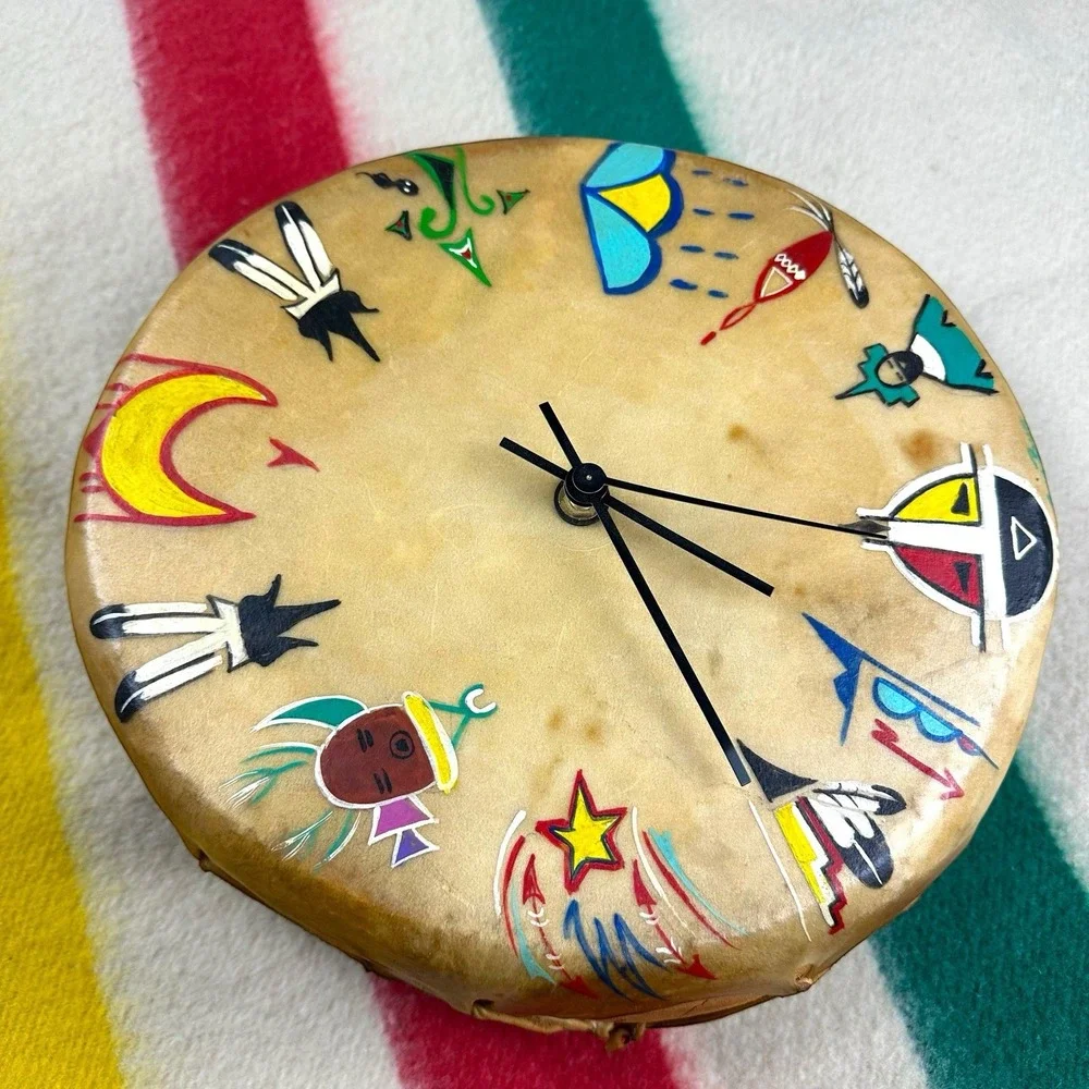 VTG Native American Clock Drum Cow Hyde Wood Symbols - WORKS‎ Artist 